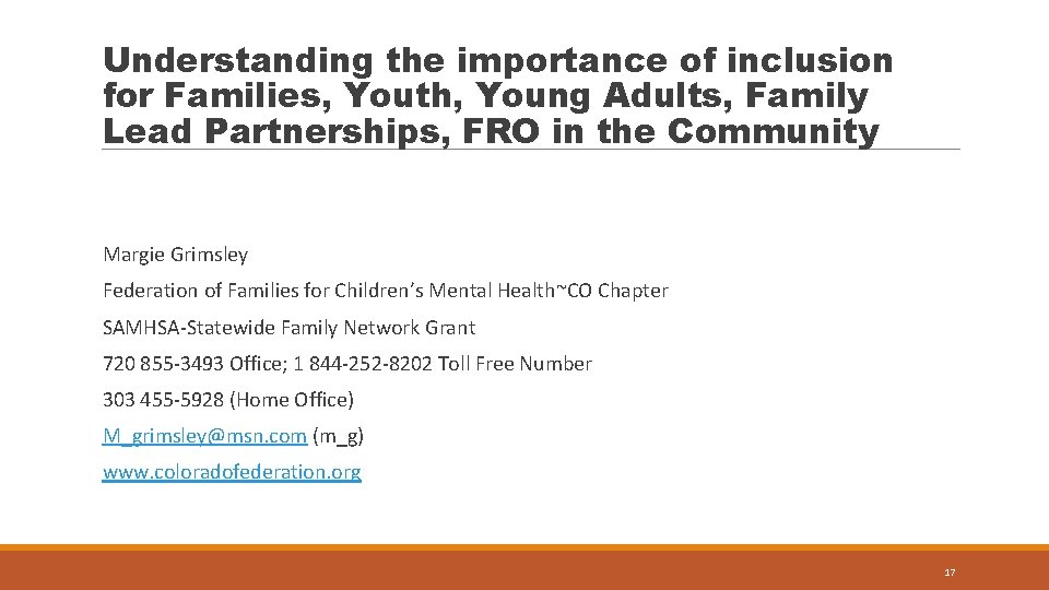 Understanding the importance of inclusion for Families, Youth, Young Adults, Family Lead Partnerships, FRO