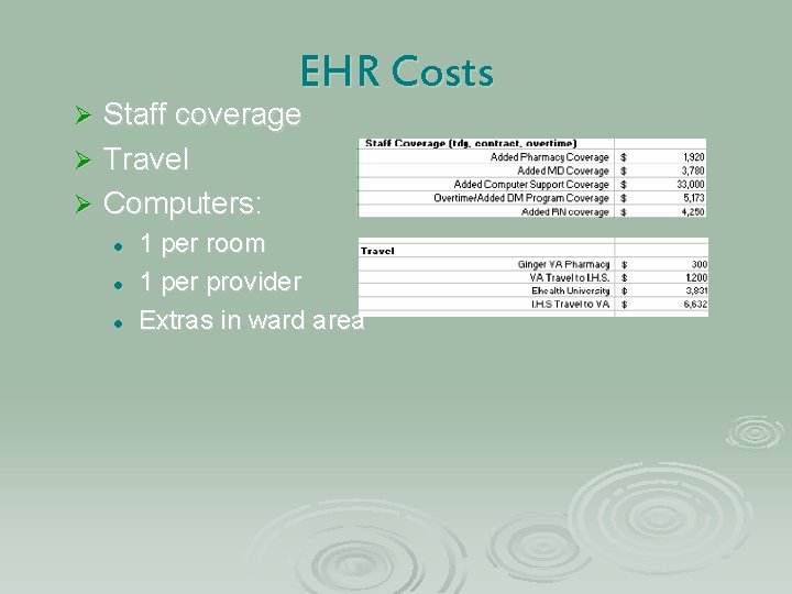 EHR Costs Staff coverage Ø Travel Ø Computers: Ø l l l 1 per