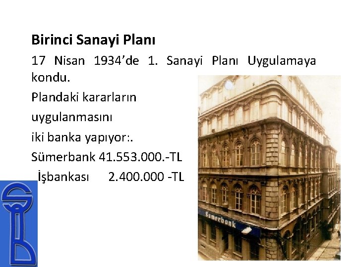 Birinci Sanayi Planı 17 Nisan 1934’de 1. Sanayi Planı Uygulamaya kondu. Plandaki kararların uygulanmasını Birinci Sanayi Planı 17 Nisan 1934’de 1. Sanayi Planı Uygulamaya kondu. Plandaki kararların uygulanmasını