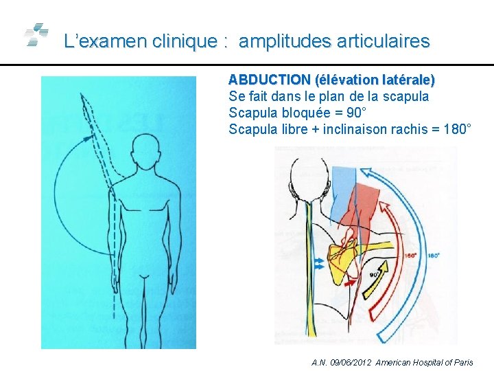 L’examen clinique : amplitudes articulaires ABDUCTION (élévation latérale) Se fait dans le plan de