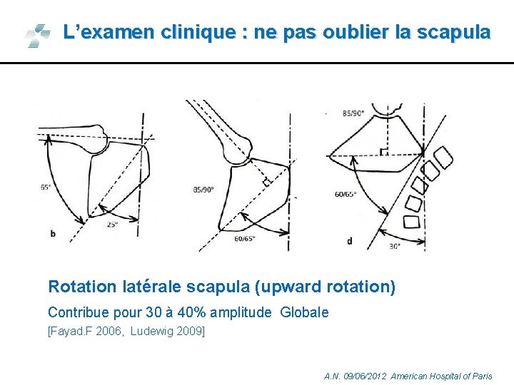 L’examen clinique : ne pas oublier la scapula Rotation latérale scapula (upward rotation) Contribue