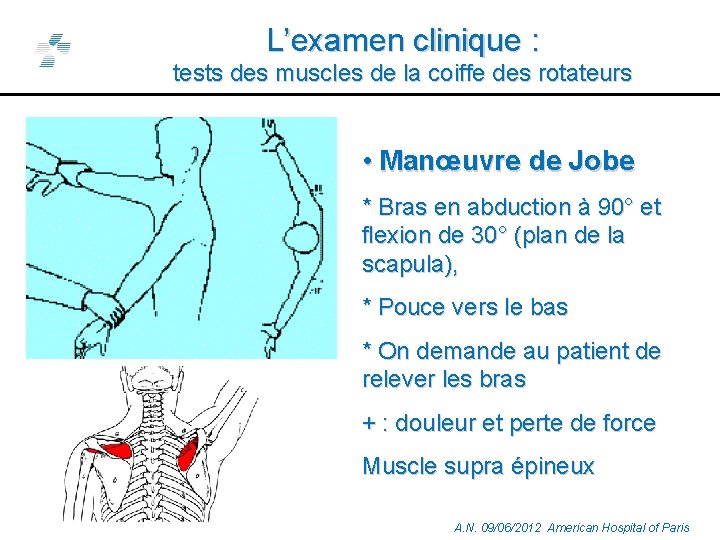 L’examen clinique : tests des muscles de la coiffe des rotateurs • Manœuvre de