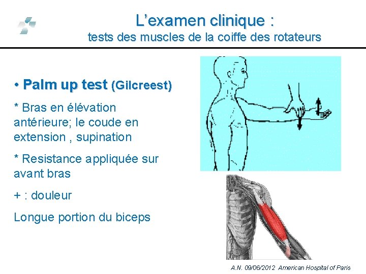L’examen clinique : tests des muscles de la coiffe des rotateurs • Palm up
