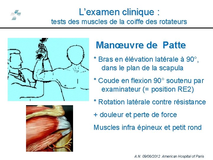 L’examen clinique : tests des muscles de la coiffe des rotateurs Manœuvre de Patte