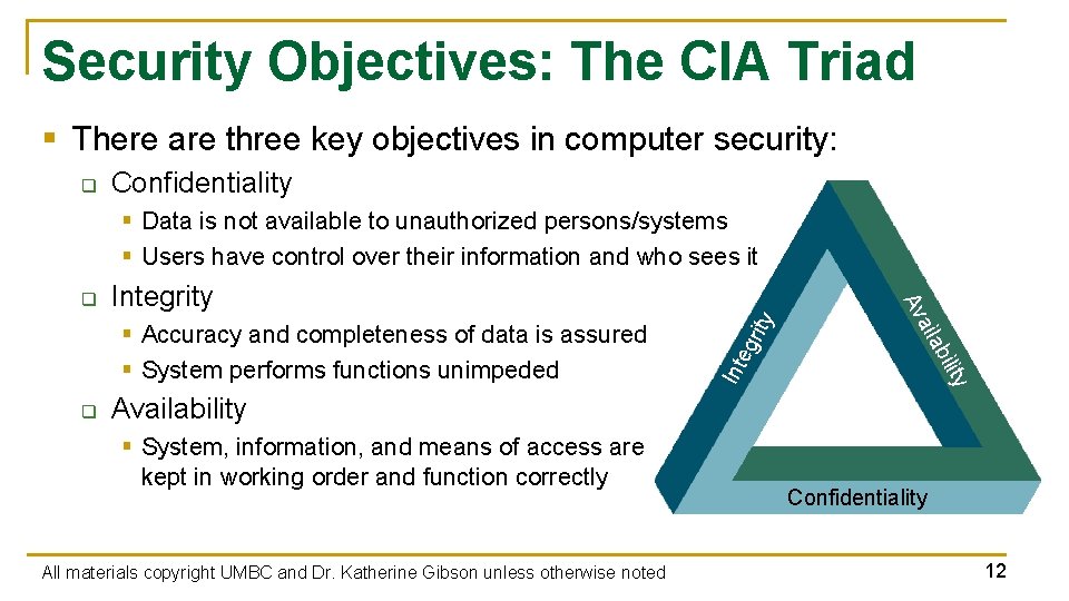 Security Objectives: The CIA Triad § There are three key objectives in computer security: