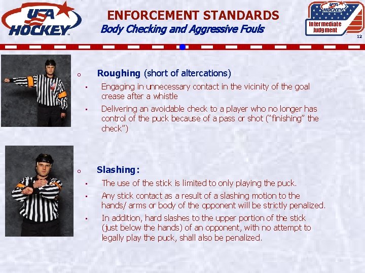 ENFORCEMENT STANDARDS Body Checking and Aggressive Fouls Intermediate Judgment Roughing (short of altercations) o