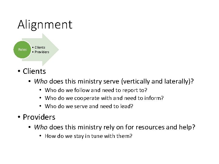 Alignment Roles • Clients • Providers • Clients • Who does this ministry serve