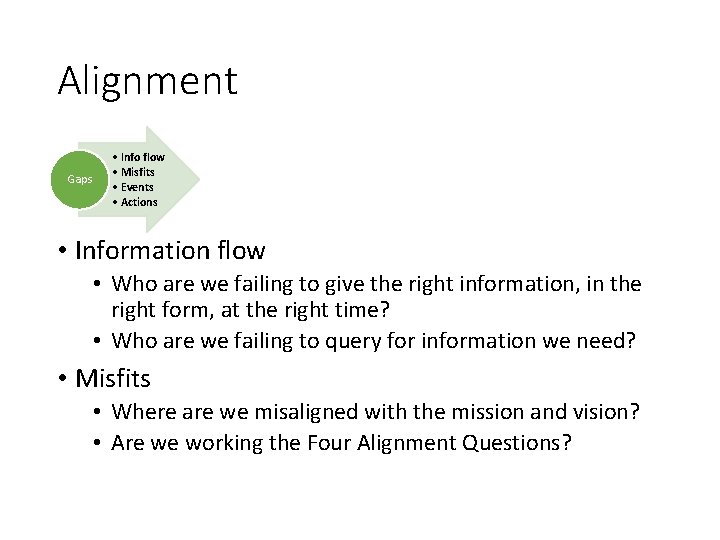 Alignment Gaps • Info flow • Misfits • Events • Actions • Information flow