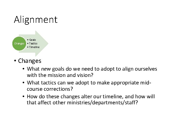 Alignment • Goals Changes • Tactics • Timeline • Changes • What new goals
