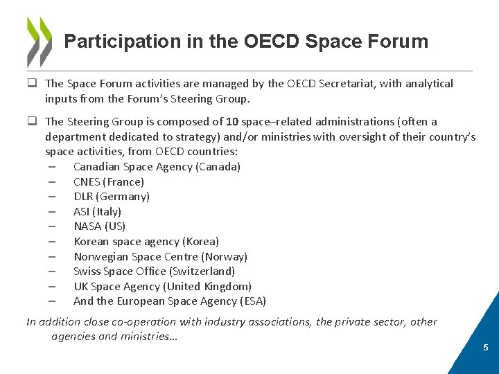 Participation in the OECD Space Forum q The Space Forum activities are managed by