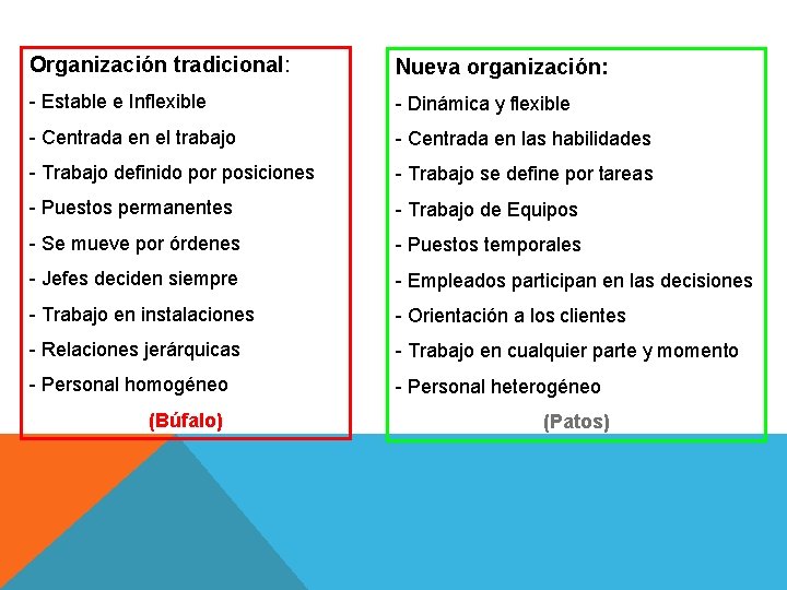 Organización tradicional: Nueva organización: - Estable e Inflexible - Dinámica y flexible - Centrada