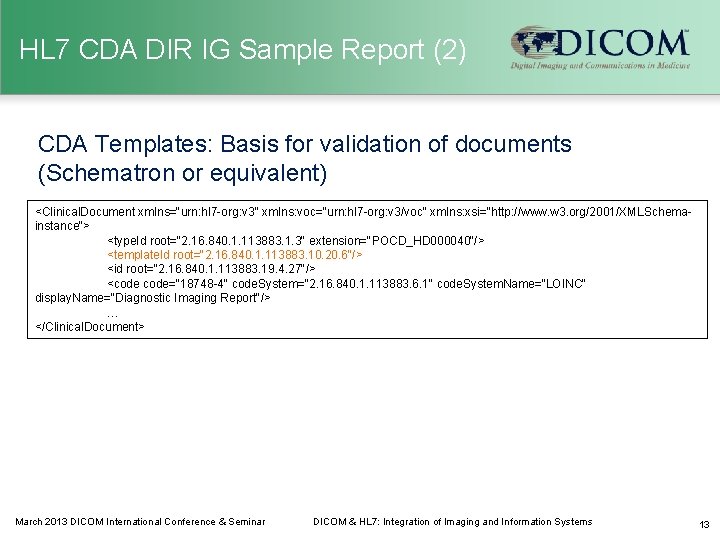 HL 7 CDA DIR IG Sample Report (2) CDA Templates: Basis for validation of