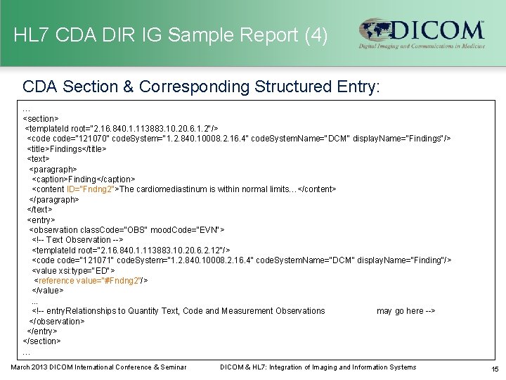HL 7 CDA DIR IG Sample Report (4) CDA Section & Corresponding Structured Entry: