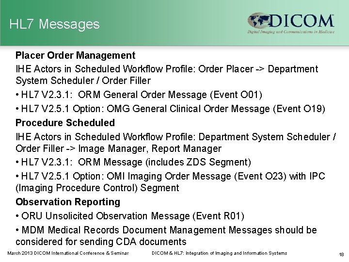 HL 7 Messages Placer Order Management IHE Actors in Scheduled Workflow Profile: Order Placer