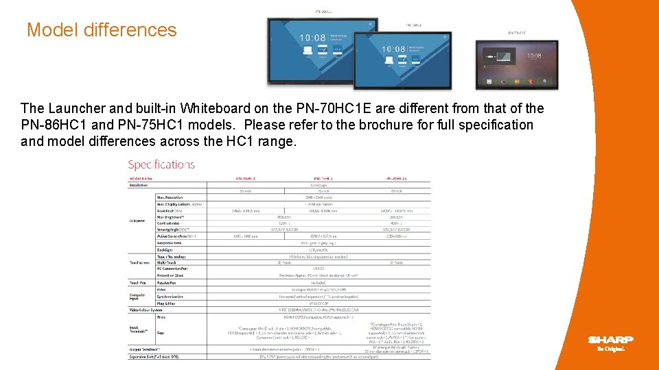 Model differences The Launcher and built-in Whiteboard on the PN-70 HC 1 E are