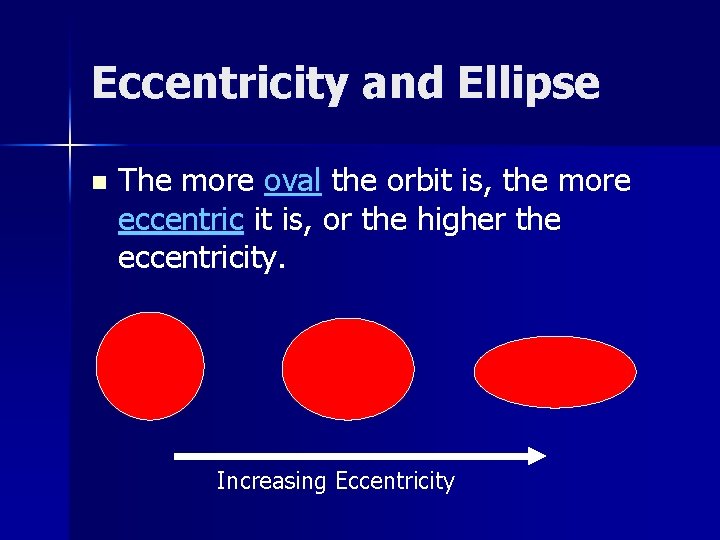 Eccentricity and Ellipse n The more oval the orbit is, the more eccentric it