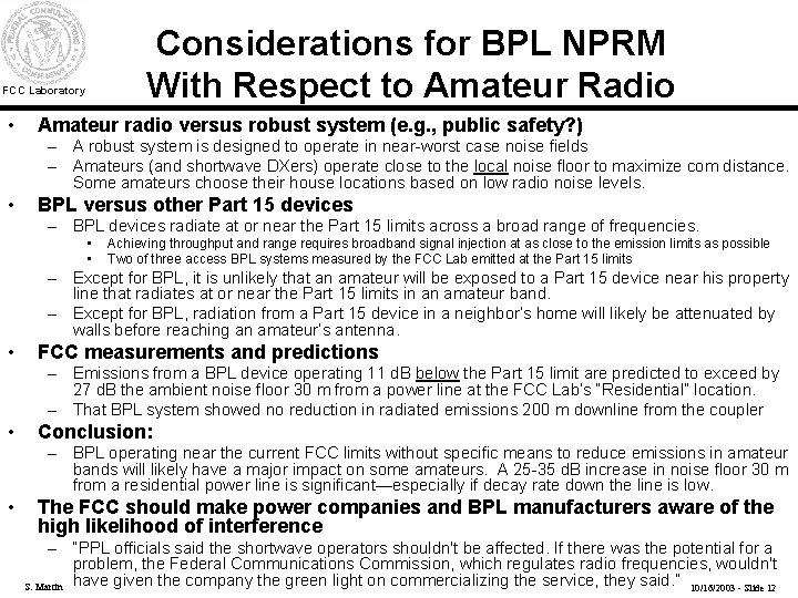 Considerations for BPL NPRM With Respect to Amateur Radio FCC Laboratory • Amateur radio