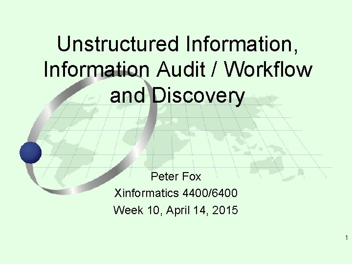 Unstructured Information, Information Audit / Workflow and Discovery Peter Fox Xinformatics 4400/6400 Week 10,