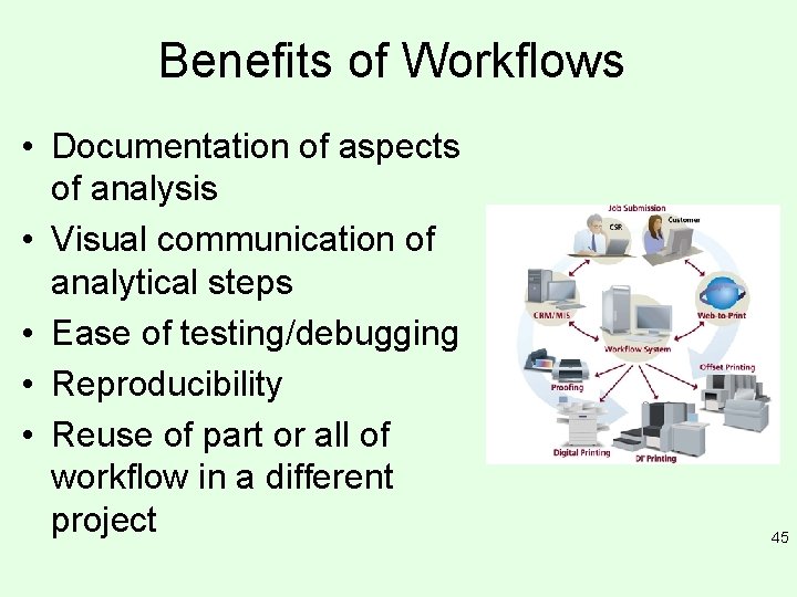 Benefits of Workflows • Documentation of aspects of analysis • Visual communication of analytical