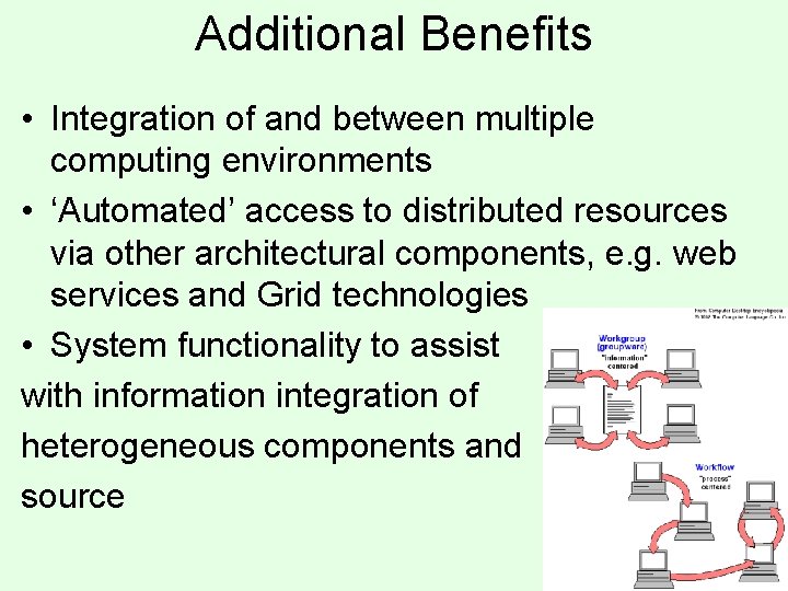Additional Benefits • Integration of and between multiple computing environments • ‘Automated’ access to