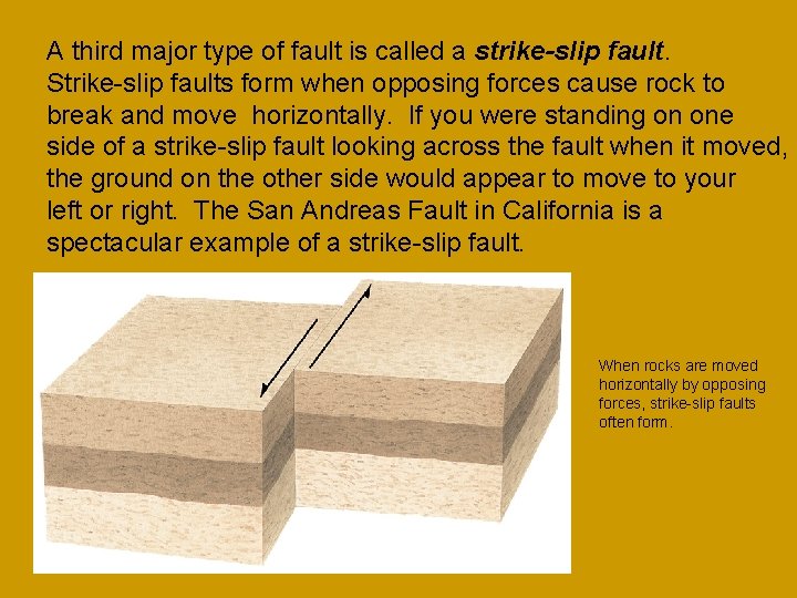 A third major type of fault is called a strike-slip fault. Strike-slip faults form A third major type of fault is called a strike-slip fault. Strike-slip faults form