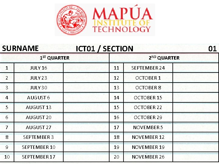 SURNAME ICT 01 / SECTION 1 ST QUARTER 01 2 ND QUARTER 1 JULY