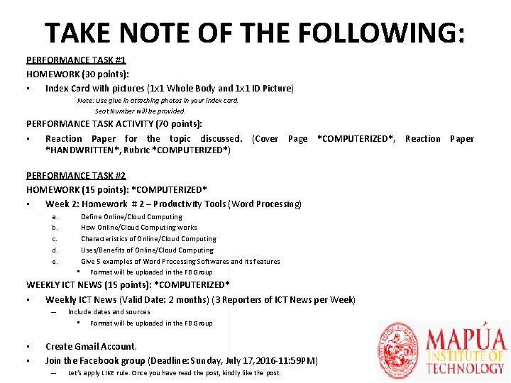 TAKE NOTE OF THE FOLLOWING: PERFORMANCE TASK #1 HOMEWORK (30 points): • Index Card