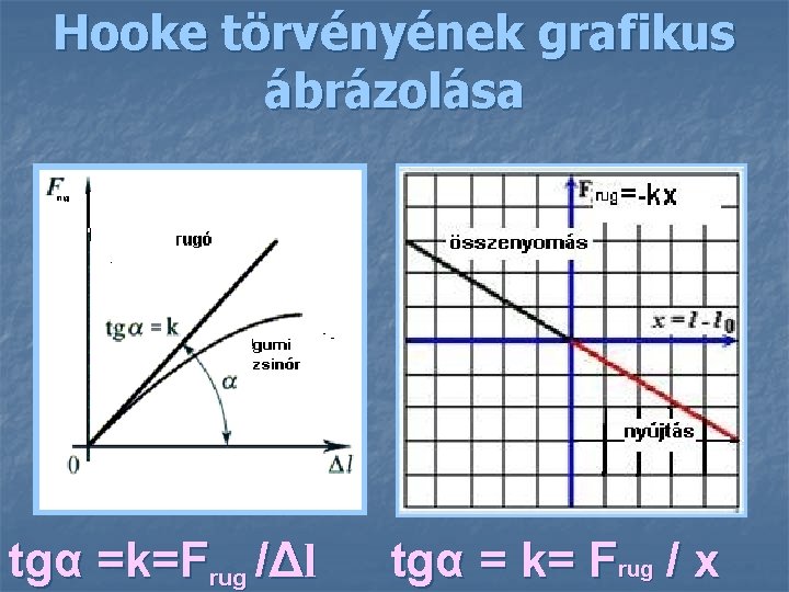 Hooke törvényének grafikus ábrázolása tgα =k=Frug /Δl tgα = k= Frug / х 