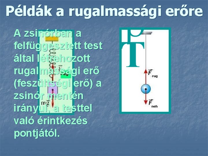 Példák a rugalmassági erőre A zsinórban a felfüggesztett test által létrehozott rugalmassági erő (feszültségi