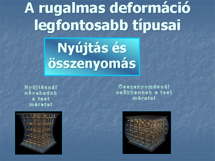 A rugalmas deformáció legfontosabb típusai Nyújtás és összenyomás 