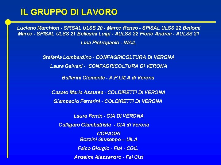 IL GRUPPO DI LAVORO Luciano Marchiori - SPISAL ULSS 20 - Marco Renso -