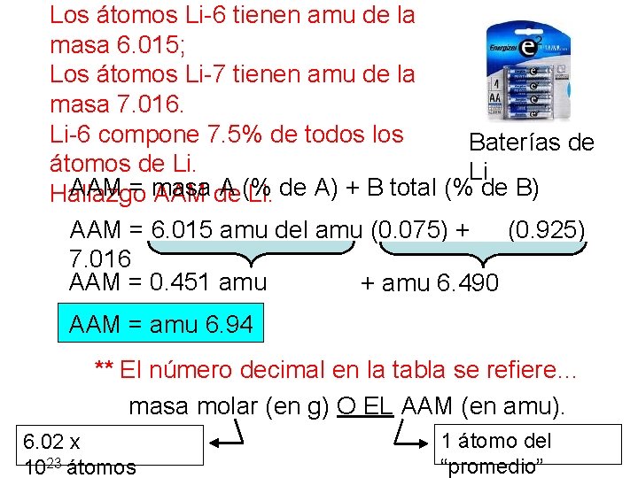 Los átomos Li-6 tienen amu de la masa 6. 015; Los átomos Li-7 tienen