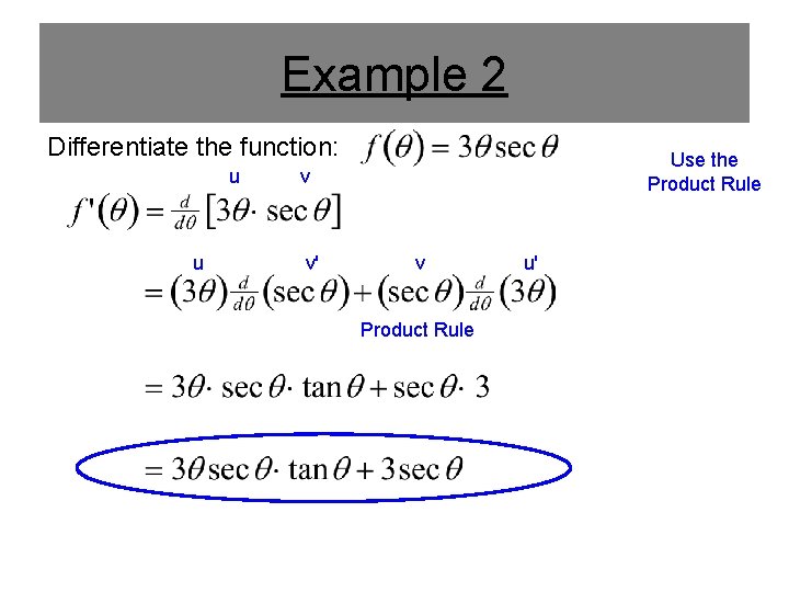 Example 2 Differentiate the function: u u Use the Product Rule v v' v