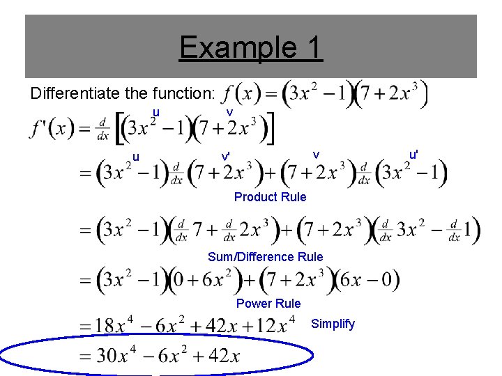 Example 1 Differentiate the function: u u v v v' Product Rule Sum/Difference Rule