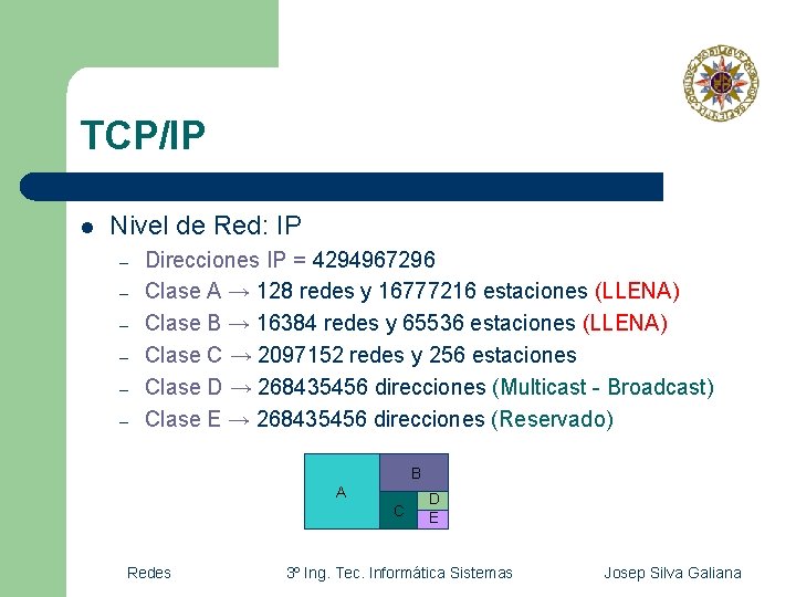 TCP/IP l Nivel de Red: IP – – – Direcciones IP = 4294967296 Clase