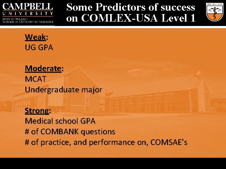 Some Predictors of success on COMLEX-USA Level 1 Weak: UG GPA Moderate: MCAT Undergraduate