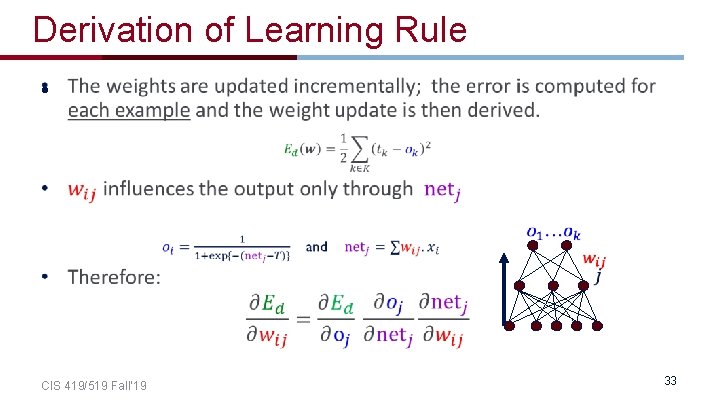 Derivation of Learning Rule • CIS 419/519 Fall’ 19 33 Derivation of Learning Rule • CIS 419/519 Fall’ 19 33