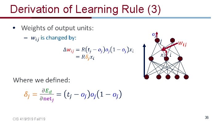 Derivation of Learning Rule (3) • CIS 419/519 Fall’ 19 36 Derivation of Learning Rule (3) • CIS 419/519 Fall’ 19 36
