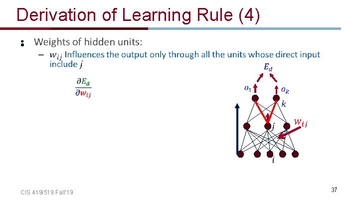 Derivation of Learning Rule (4) • CIS 419/519 Fall’ 19 37 Derivation of Learning Rule (4) • CIS 419/519 Fall’ 19 37