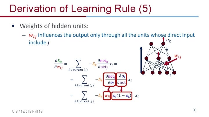 Derivation of Learning Rule (5) • CIS 419/519 Fall’ 19 39 Derivation of Learning Rule (5) • CIS 419/519 Fall’ 19 39