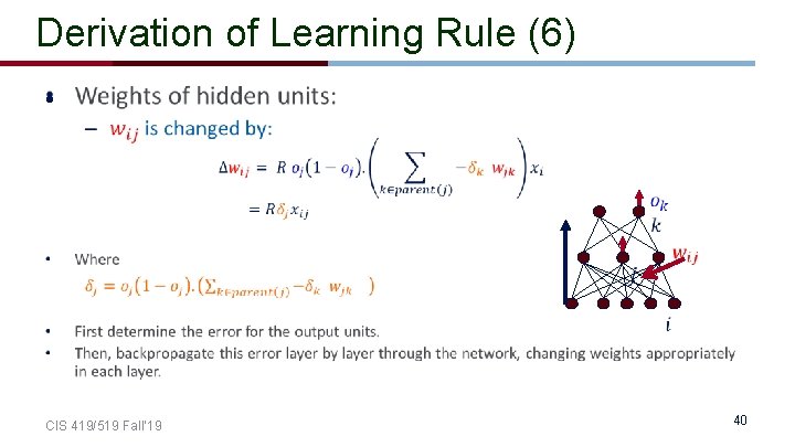 Derivation of Learning Rule (6) • CIS 419/519 Fall’ 19 40 Derivation of Learning Rule (6) • CIS 419/519 Fall’ 19 40