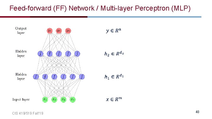 Feed-forward (FF) Network / Multi-layer Perceptron (MLP) CIS 419/519 Fall’ 19 48 Feed-forward (FF) Network / Multi-layer Perceptron (MLP) CIS 419/519 Fall’ 19 48