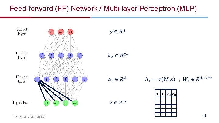 Feed-forward (FF) Network / Multi-layer Perceptron (MLP) CIS 419/519 Fall’ 19 49 Feed-forward (FF) Network / Multi-layer Perceptron (MLP) CIS 419/519 Fall’ 19 49