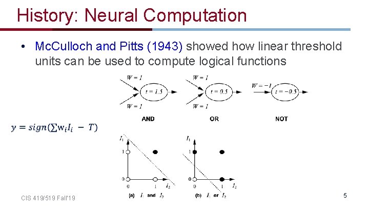 History: Neural Computation • Mc. Culloch and Pitts (1943) showed how linear threshold units History: Neural Computation • Mc. Culloch and Pitts (1943) showed how linear threshold units