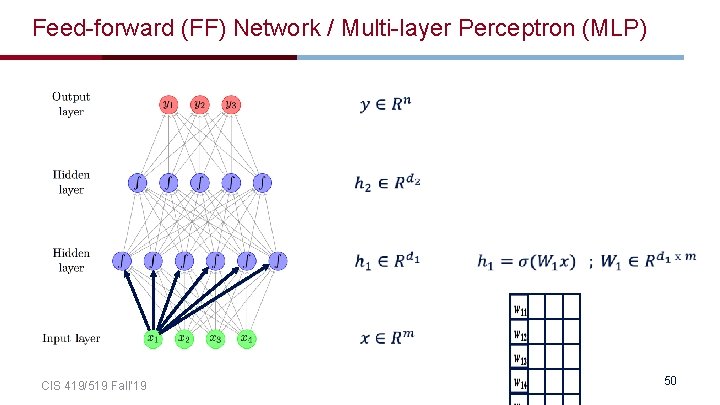 Feed-forward (FF) Network / Multi-layer Perceptron (MLP) CIS 419/519 Fall’ 19 50 Feed-forward (FF) Network / Multi-layer Perceptron (MLP) CIS 419/519 Fall’ 19 50