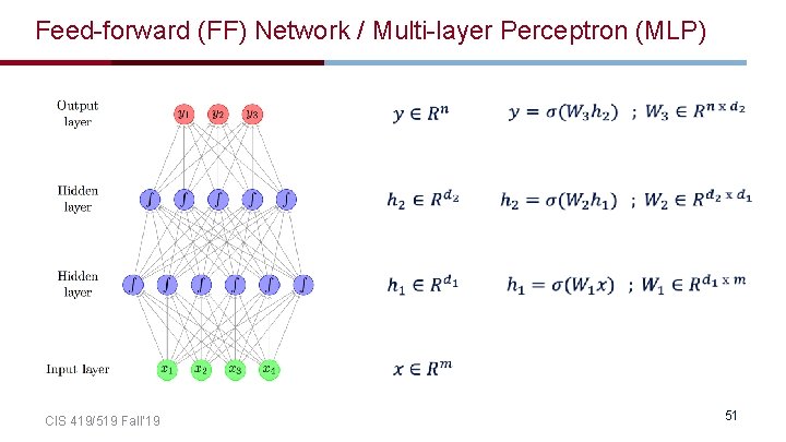 Feed-forward (FF) Network / Multi-layer Perceptron (MLP) CIS 419/519 Fall’ 19 51 Feed-forward (FF) Network / Multi-layer Perceptron (MLP) CIS 419/519 Fall’ 19 51
