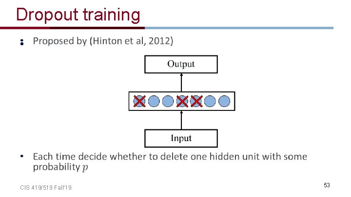 Dropout training • CIS 419/519 Fall’ 19 53 Dropout training • CIS 419/519 Fall’ 19 53