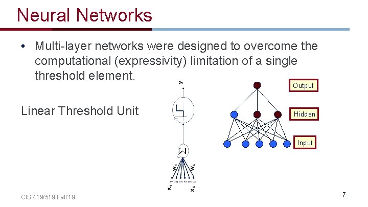 Neural Networks • Multi-layer networks were designed to overcome the computational (expressivity) limitation of Neural Networks • Multi-layer networks were designed to overcome the computational (expressivity) limitation of
