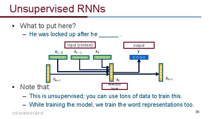 Unsupervised RNNs • What to put here? – He was locked up after he Unsupervised RNNs • What to put here? – He was locked up after he