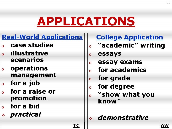 12 APPLICATIONS Real-World Applications o case studies o illustrative scenarios o operations management o